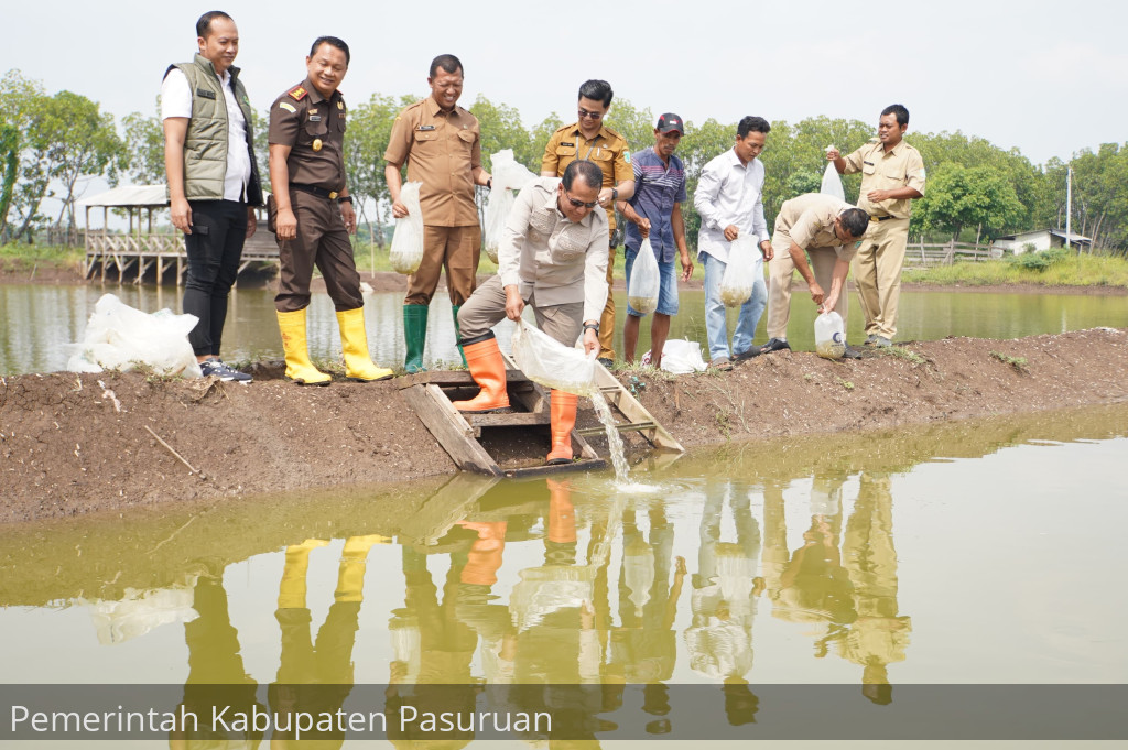 Dukung Ketahanan Pangan Nasional, Pj Bupati Nurkholis dan Kajari Teguh Tebar Puluhan Ribu Ekor Benih Bandeng