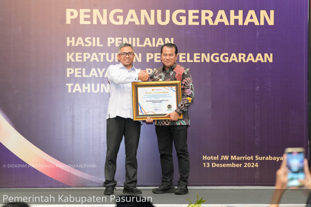 Kepatuhan Penyelenggaraan Layanan Publik Pemkab Pasuruan Raih Zona Hijau Kualitas Tertinggi Peringkat 25 se-Indonesia