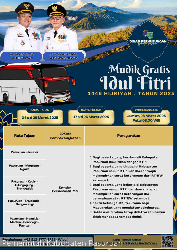 Pemkab Pasuruan Buka Pendaftaran Mudik Gratis 5 Rute Tujuan